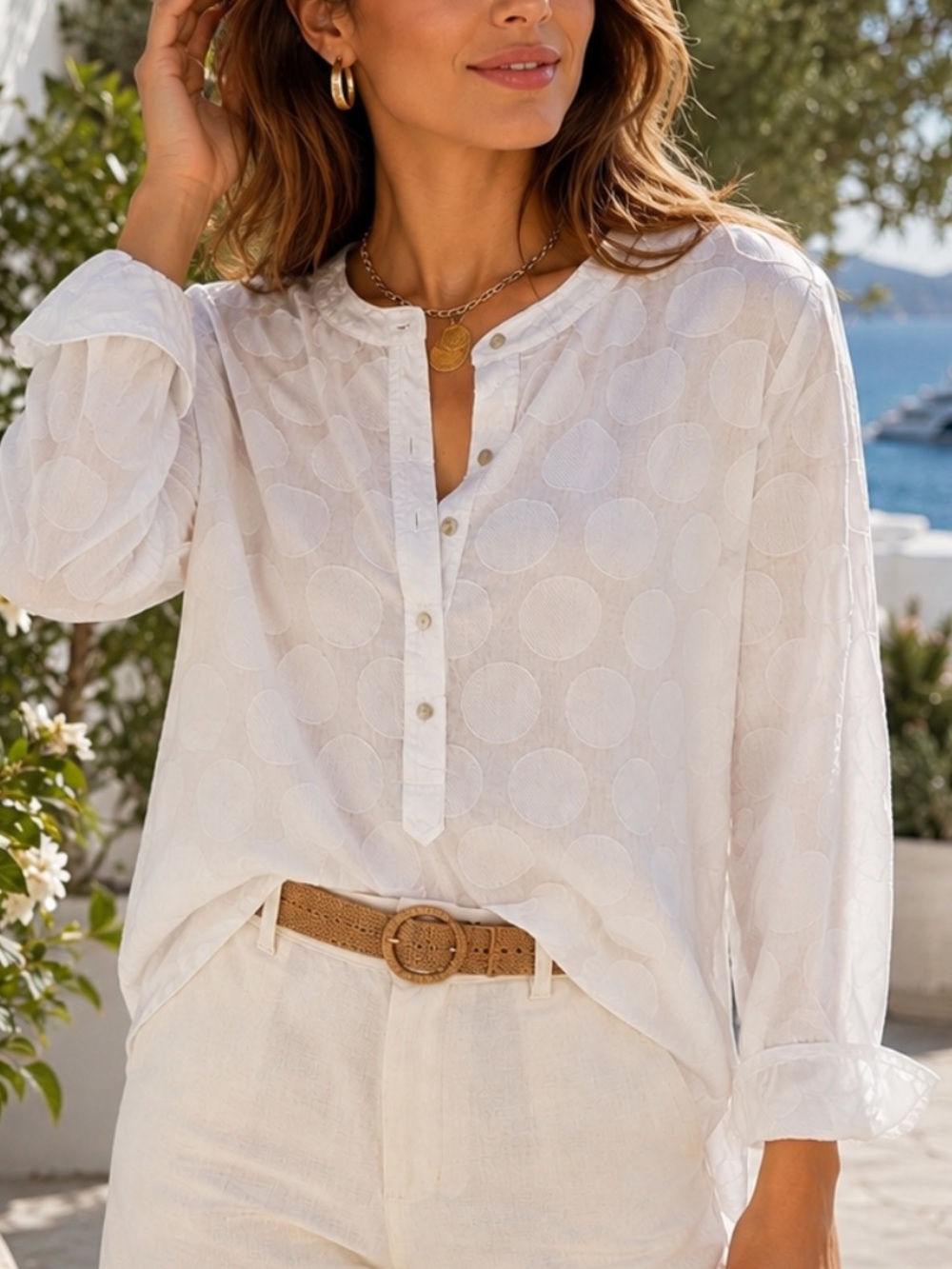 Liz Claiborne White Button-Front Textured Dot Blouse